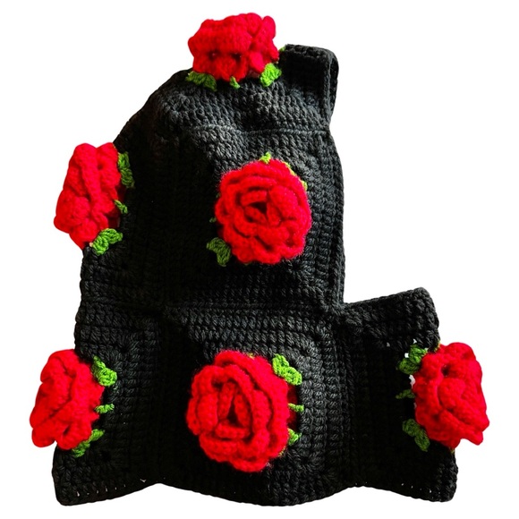 NEW Crochet Red Rose Floral Hand-Knit Soft Warm Winter Hat Balaclava - Picture 8 of 9